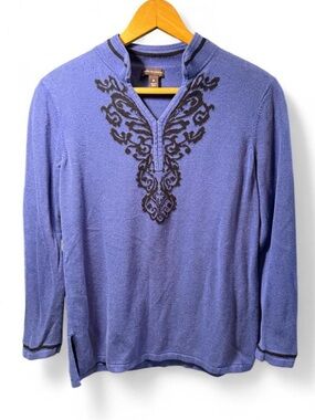 Dana Buchman Blue V-Neck Pullover Sweater with Black Embroidered Detail